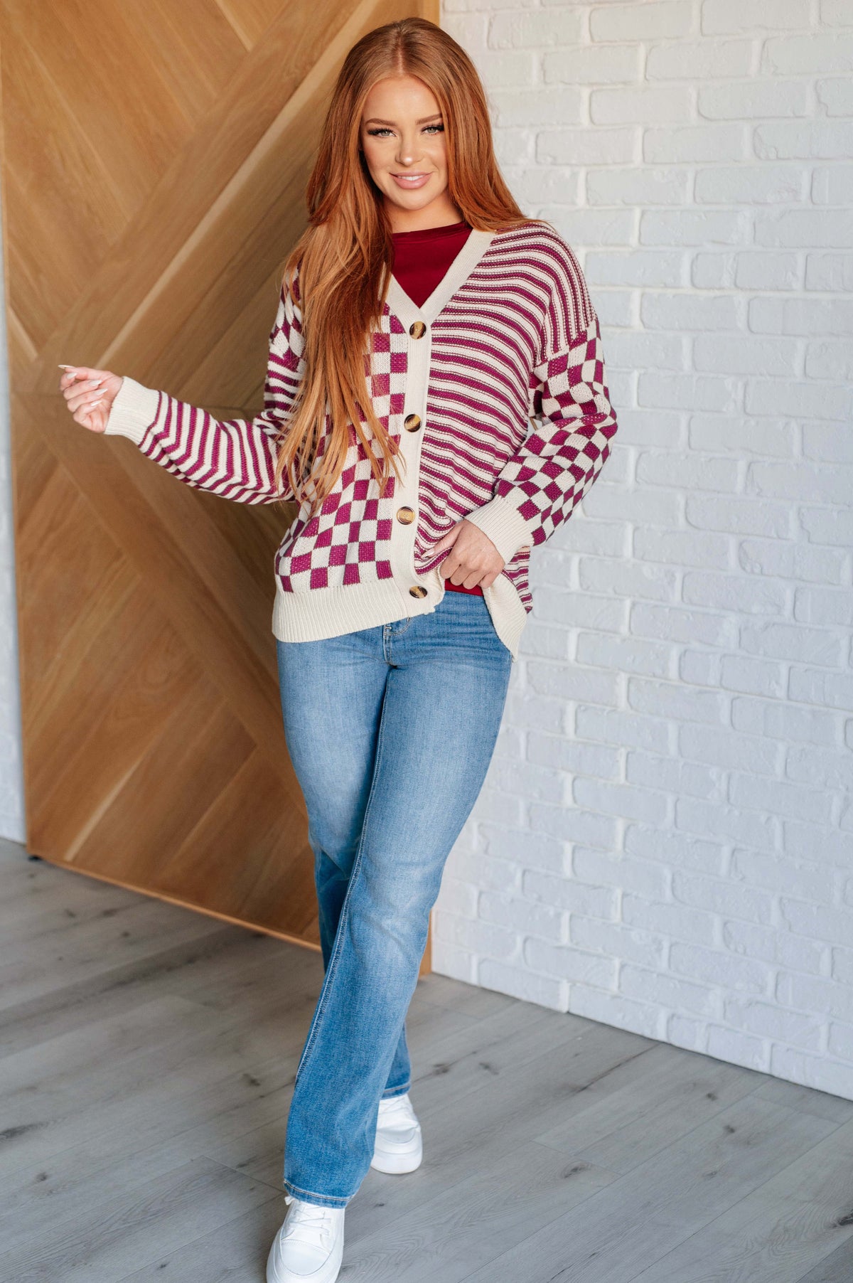 Hazel Blues® |  No Brainer Button Down Sweater Knit Cardigan in Magenta/Oatmeal