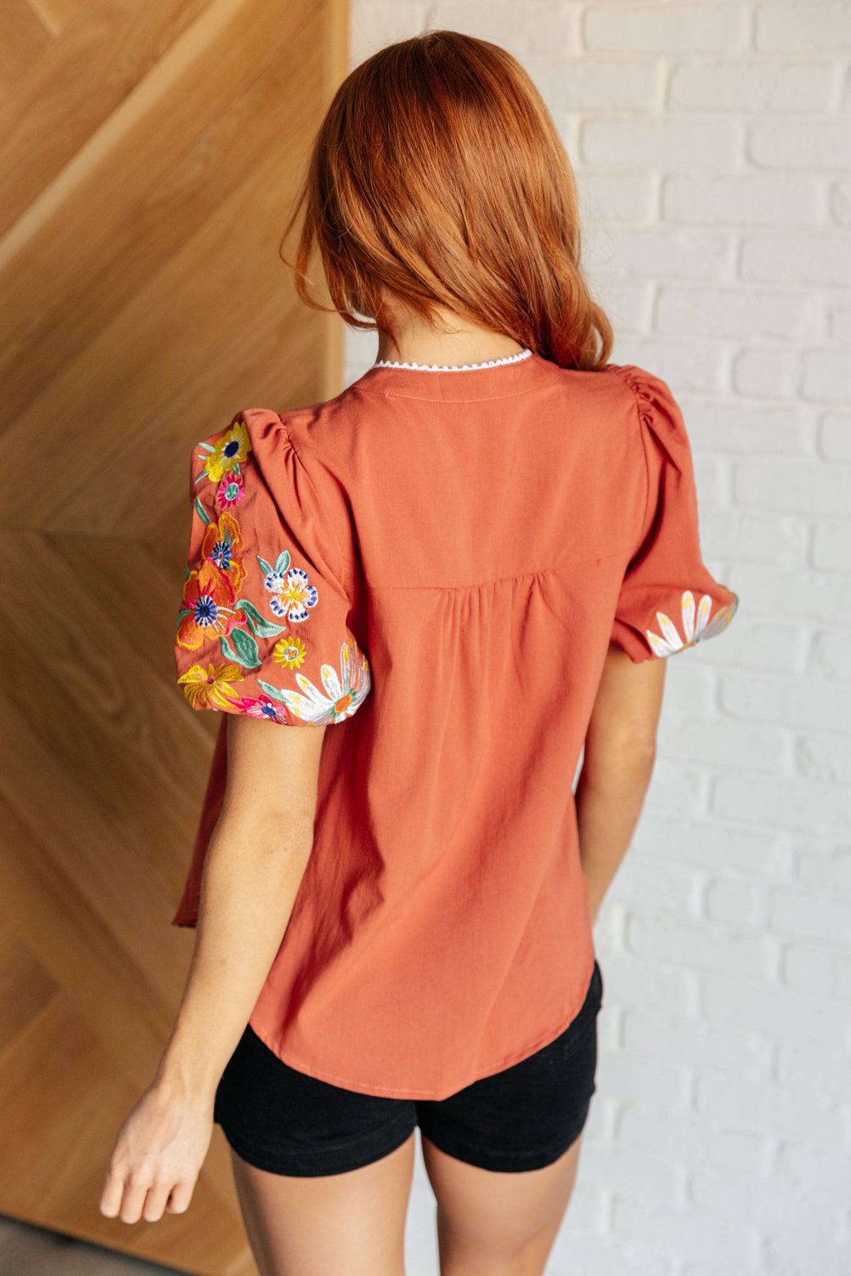 Hazel Blues® |  No Concerns Embroidered Sleeve Blouse