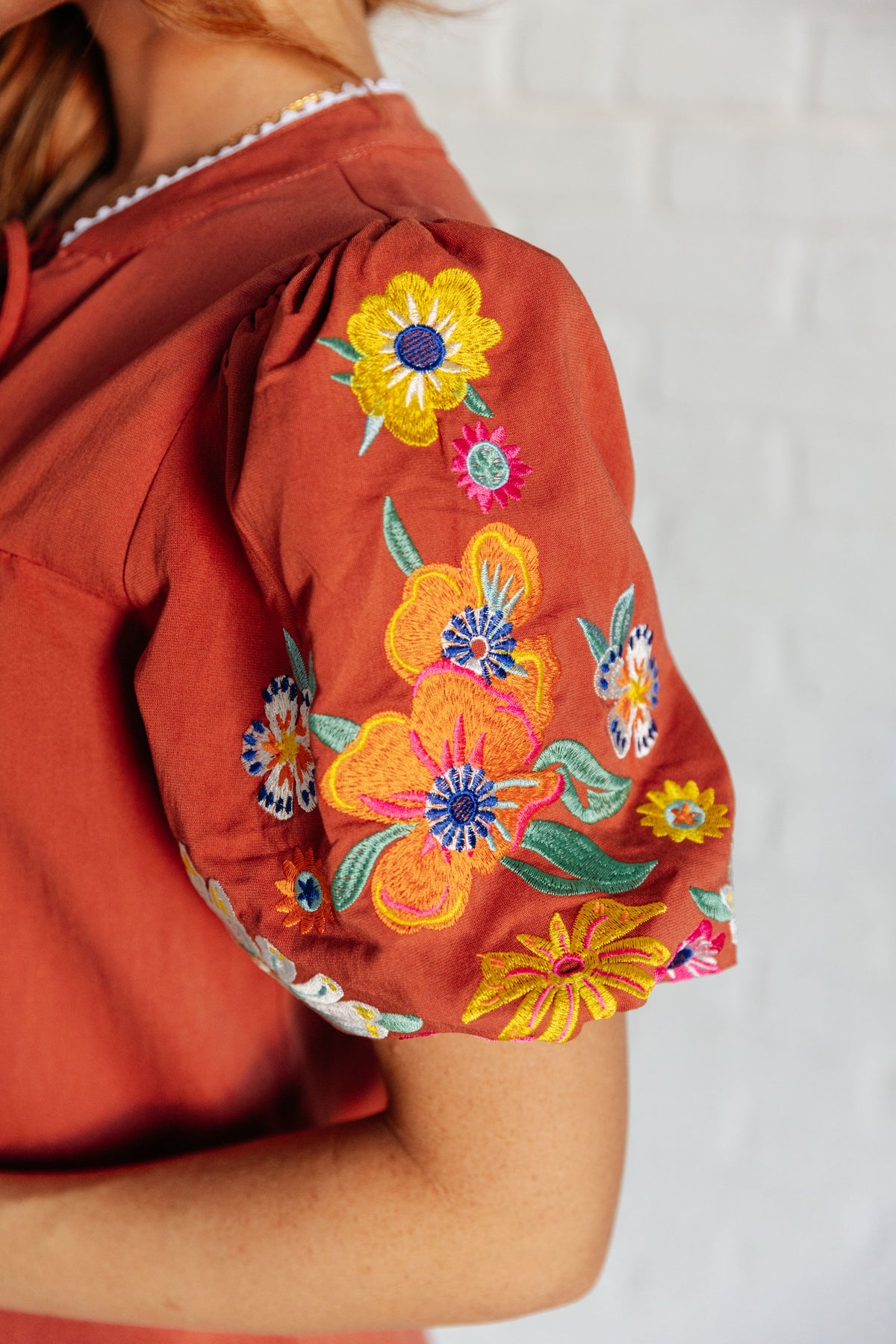 Hazel Blues® |  No Concerns Embroidered Sleeve Blouse