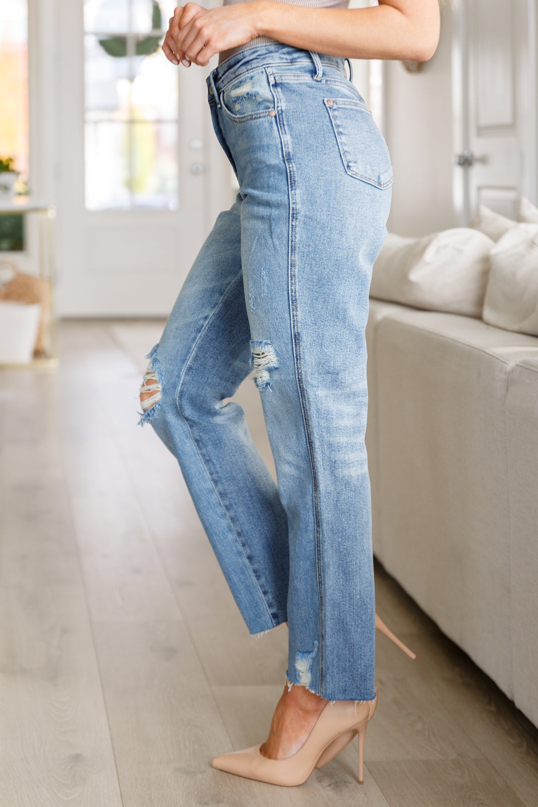 Hazel Blues® |  Nora High Rise Rigid Magic Destroy Slim Straight Jeans