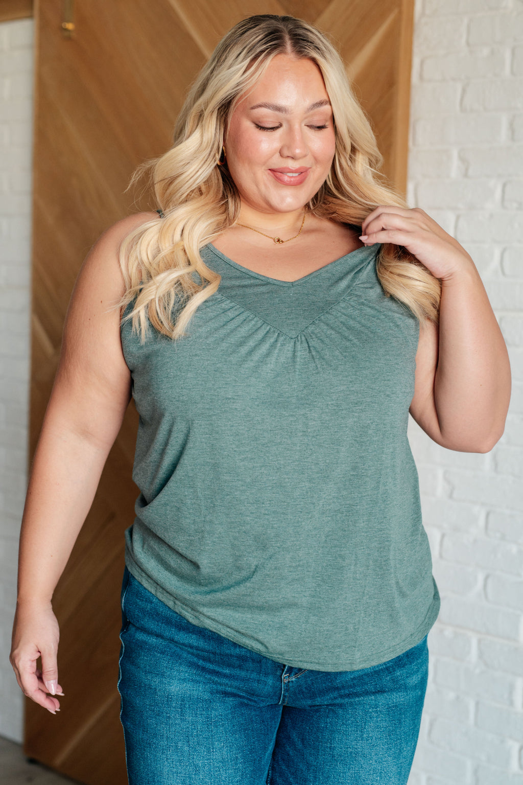 Hazel Blues® |  Not So Anxious V-Neck Tank in Mist