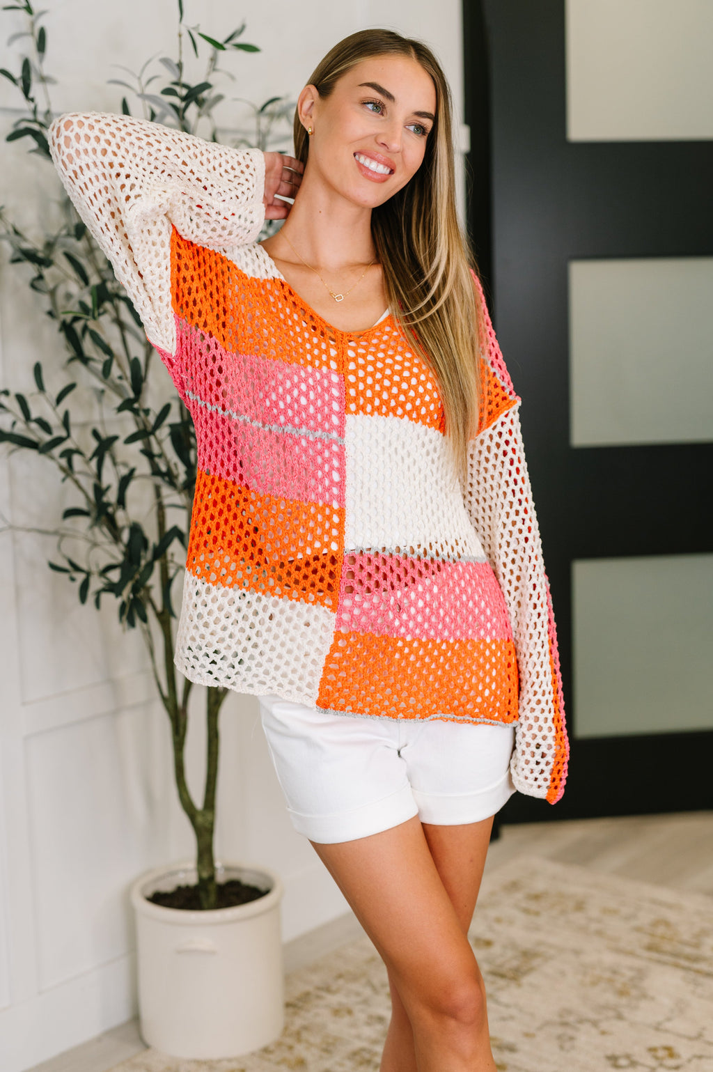 Hazel Blues® |  Off the Grid Net Color Block Layering Top