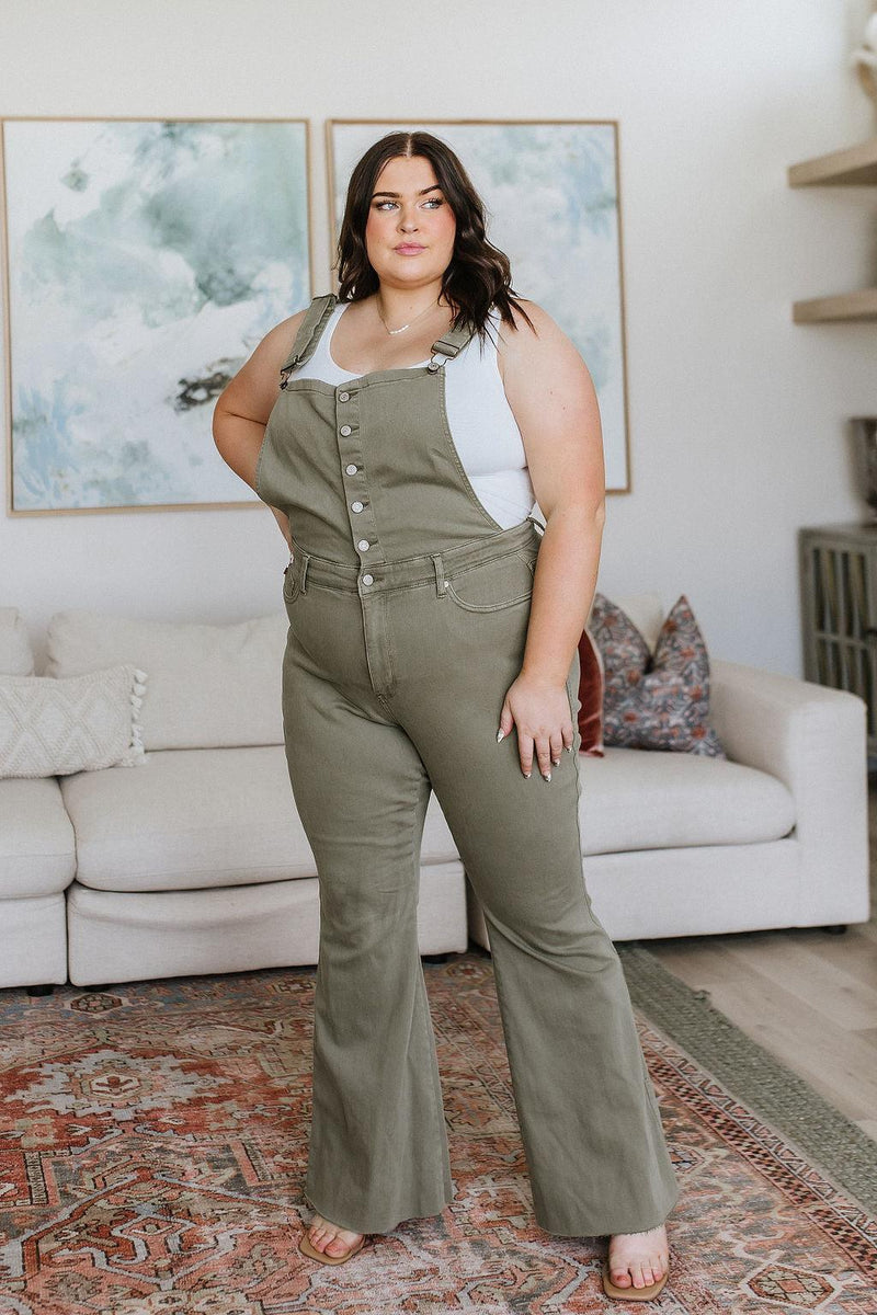 Hazel Blues® | Olivia Control Top Release Hem Overalls in Olive - Hazel Blues®