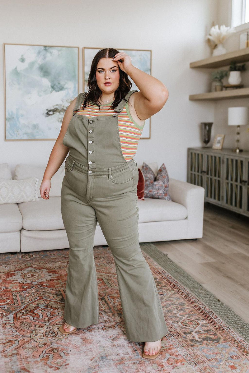 Hazel Blues® | Olivia Control Top Release Hem Overalls in Olive - Hazel Blues®