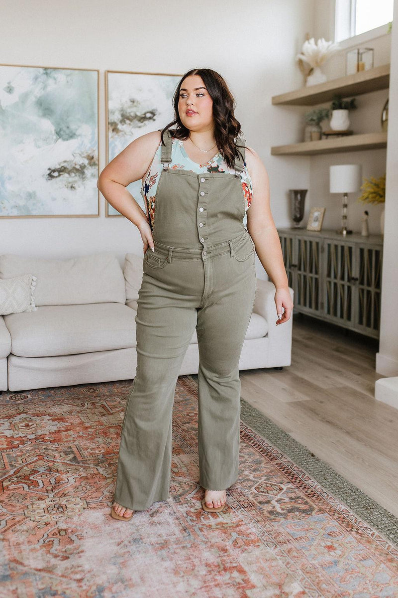 Hazel Blues® | Olivia Control Top Release Hem Overalls in Olive - Hazel Blues®