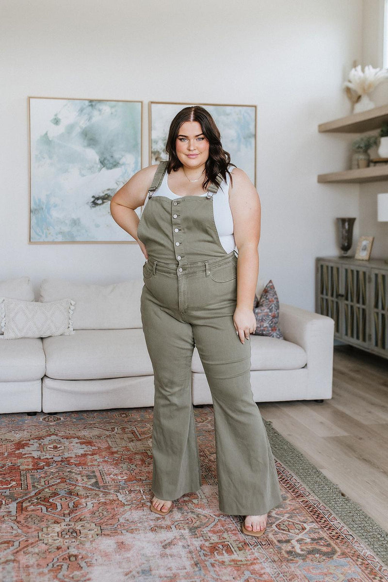 Hazel Blues® | Olivia Control Top Release Hem Overalls in Olive - Hazel Blues®