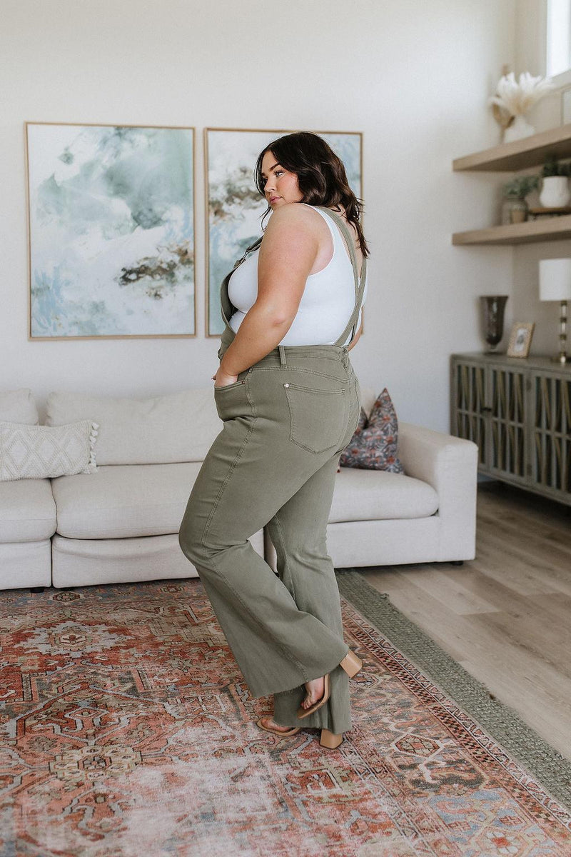 Hazel Blues® | Olivia Control Top Release Hem Overalls in Olive - Hazel Blues®