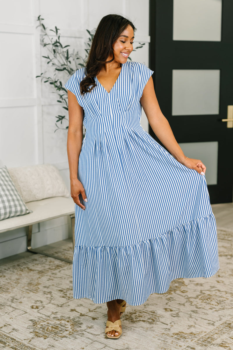 blue and white pleated dress Women's Simple Statement Sky Blue and White Stripe Button Front Midi Dress | Size: L