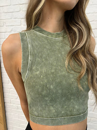 Hazel Blues® |  Over and Out Cropped Ribbed Tank in Ash Olive