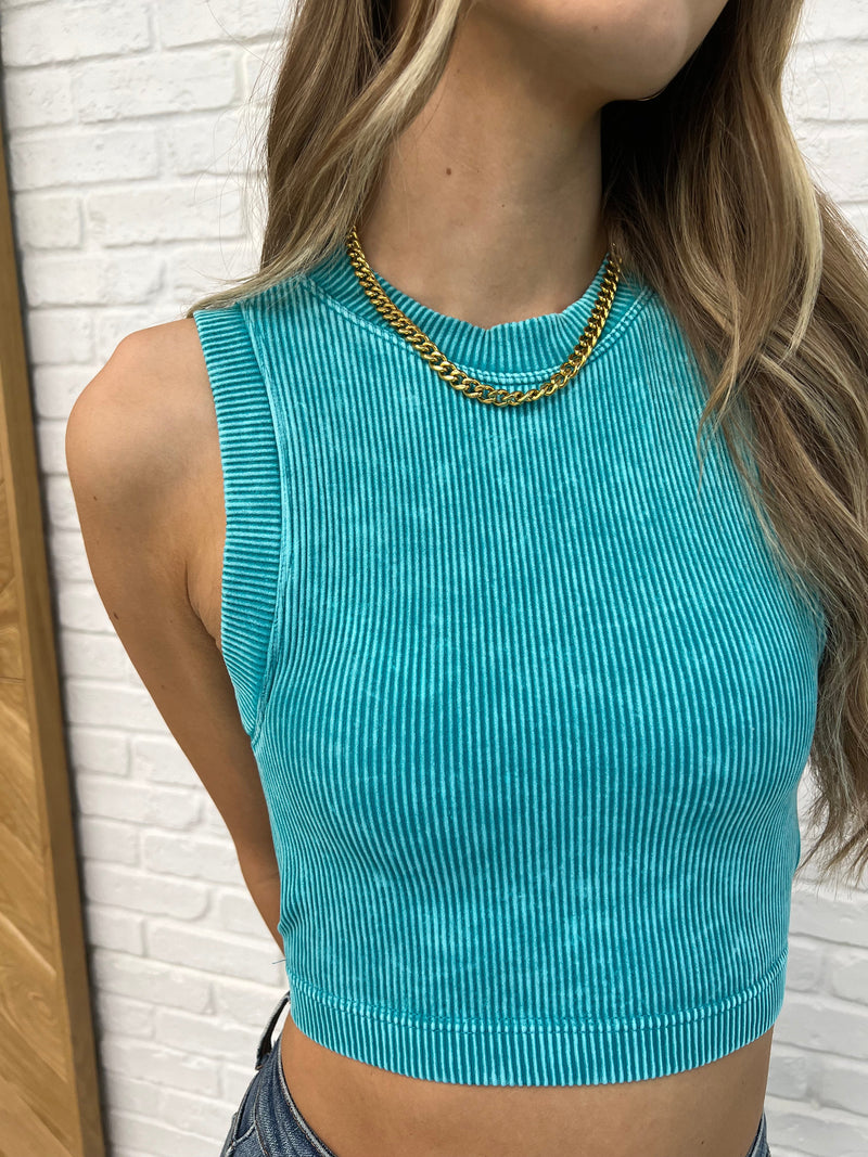 Hazel Blues® |  Over and Out Cropped Ribbed Tank in Lt Teal