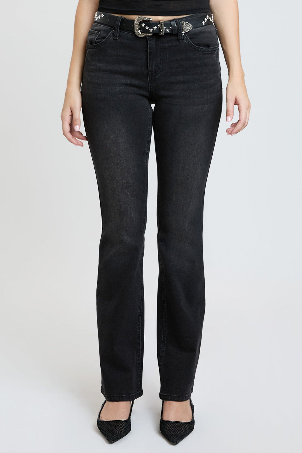Mid-Rise Belted Bootcut Jeans - Black
