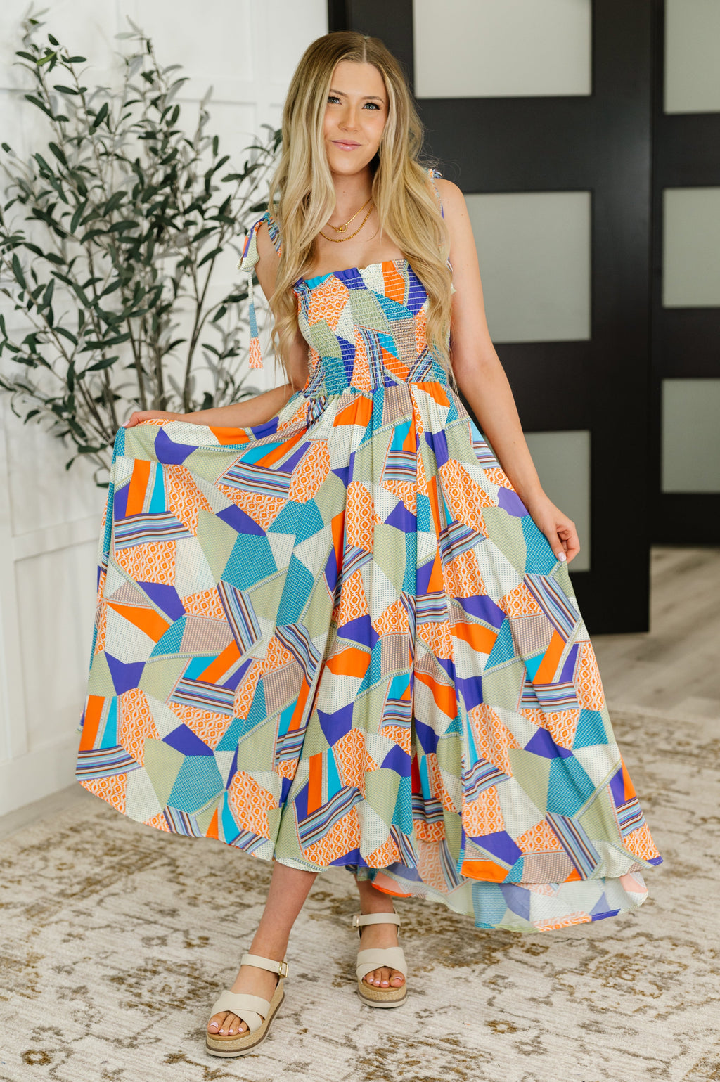 Hazel Blues® |  Paint Me Pretty Square Neck Dress in Lime, Blue and Tangerine