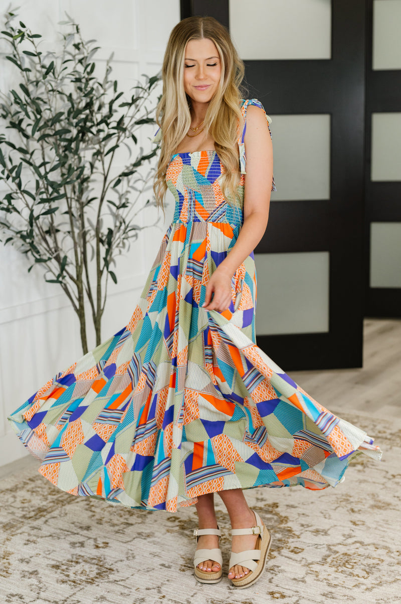 Hazel Blues® |  Paint Me Pretty Square Neck Dress in Lime, Blue and Tangerine