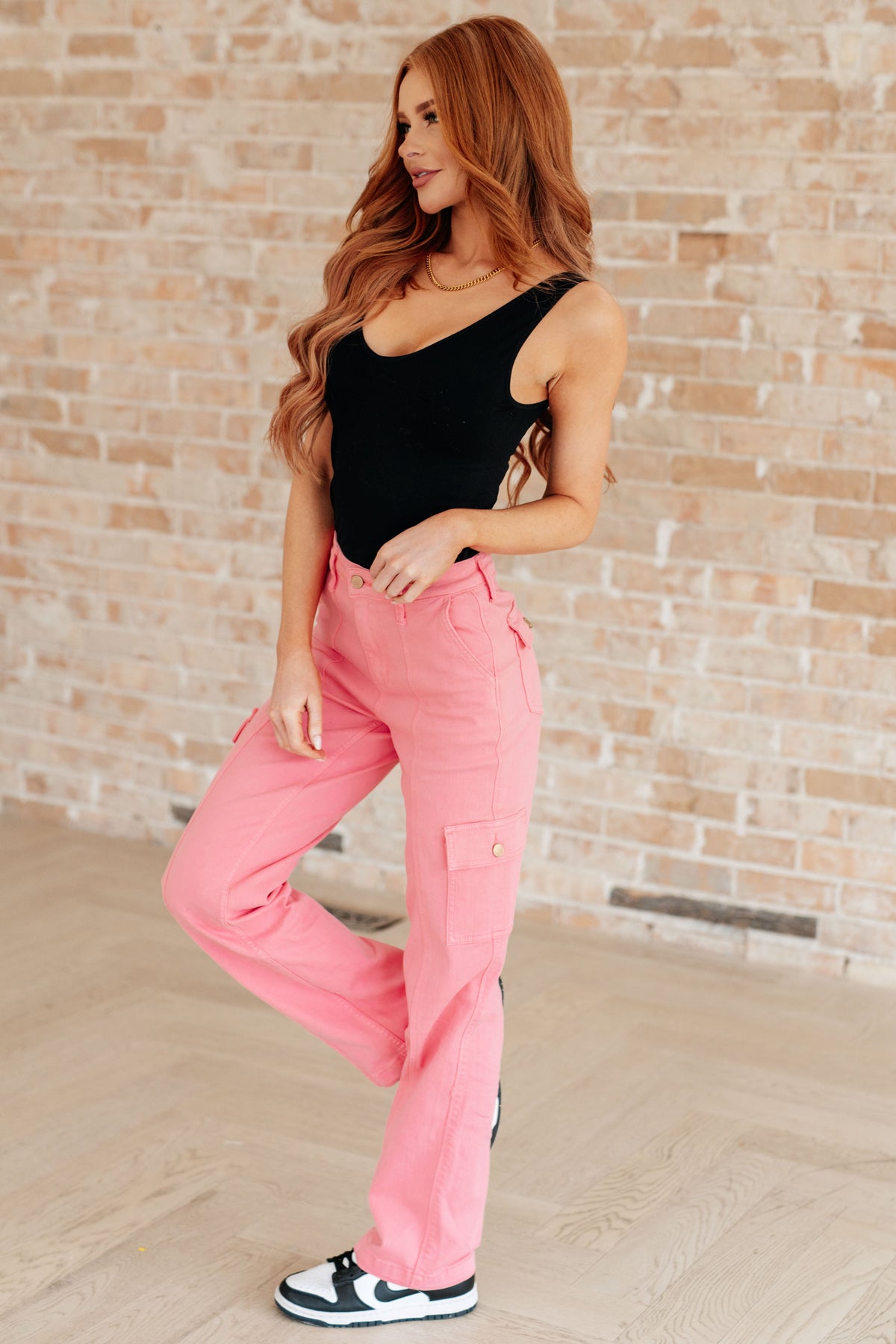 Hazel Blues® |  Peggy High Rise Cargo Straight Jeans in Pink