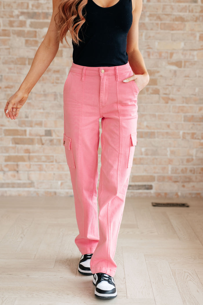 Hazel Blues® |  Peggy High Rise Cargo Straight Jeans in Pink