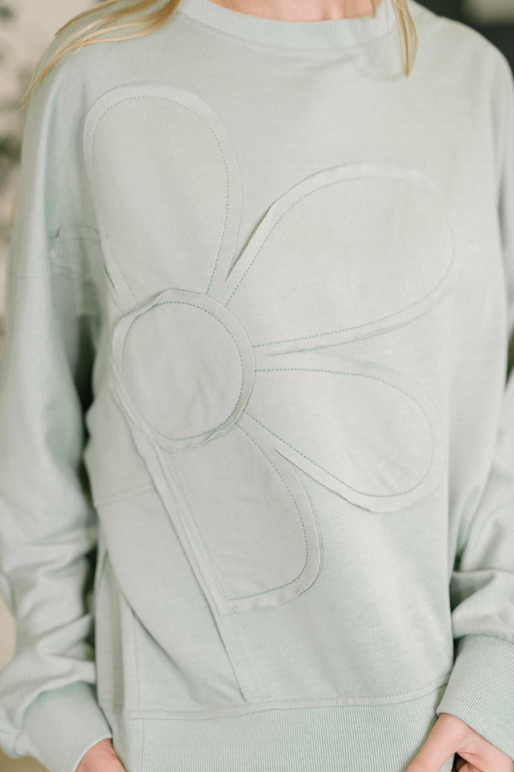 Hazel Blues® |  Petal Poise Floral Applique Pullover in Ivy