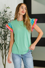 Hazel Blues® |  Petals & Poise Floral Flutter Sleeve Top in Green