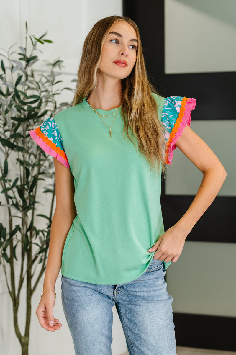 Hazel Blues® |  Petals & Poise Floral Flutter Sleeve Top in Green