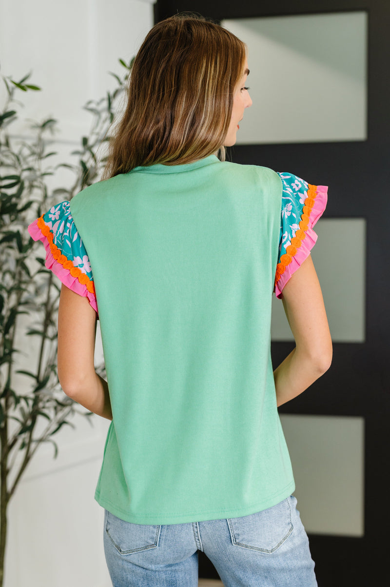 Hazel Blues® |  Petals & Poise Floral Flutter Sleeve Top in Green