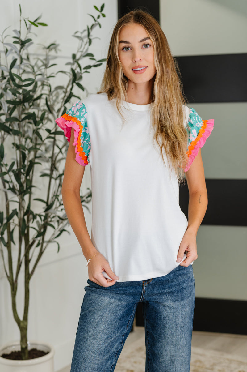 Hazel Blues® |  Petals & Poise Floral Flutter Sleeve Top in White
