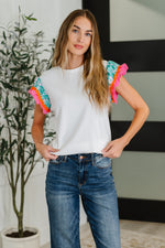 Hazel Blues® |  Petals & Poise Floral Flutter Sleeve Top in White