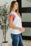 Hazel Blues® |  Petals & Poise Floral Flutter Sleeve Top in White