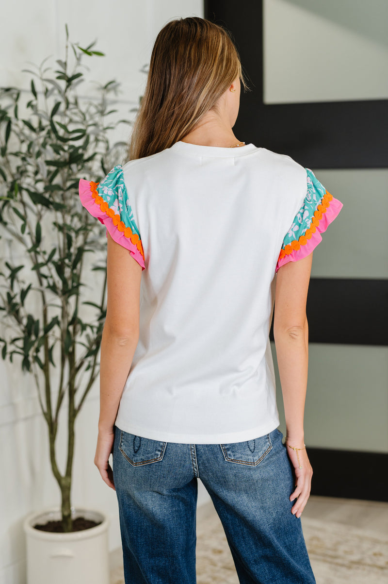 Hazel Blues® |  Petals & Poise Floral Flutter Sleeve Top in White