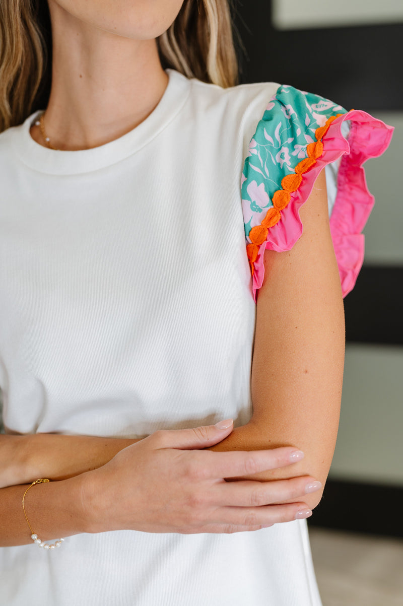 Hazel Blues® |  Petals & Poise Floral Flutter Sleeve Top in White