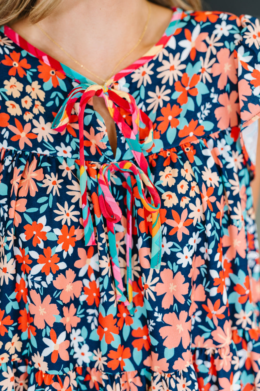 Hazel Blues® |  Petal to the Metal Flutter Sleeve Dress in Navy/Coral