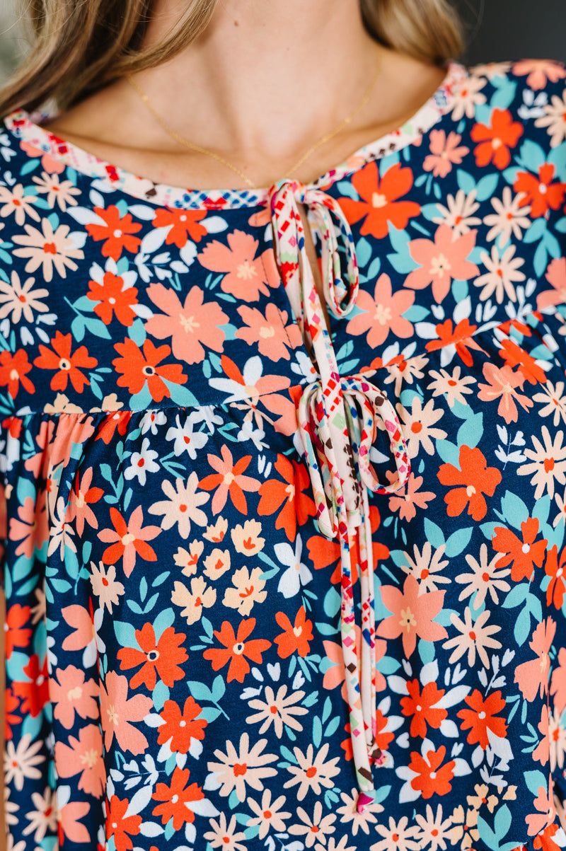 Hazel Blues® |  Petal to the Metal Flutter Sleeve Dress in Navy/Coral