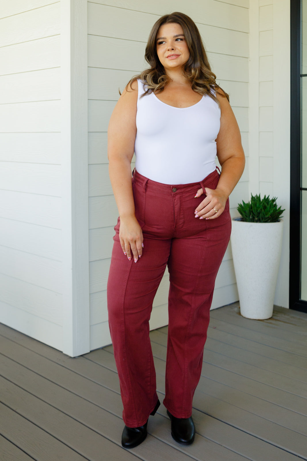 Hazel Blues® |  Phoebe High Rise Front Seam Straight Jeans in Burgundy