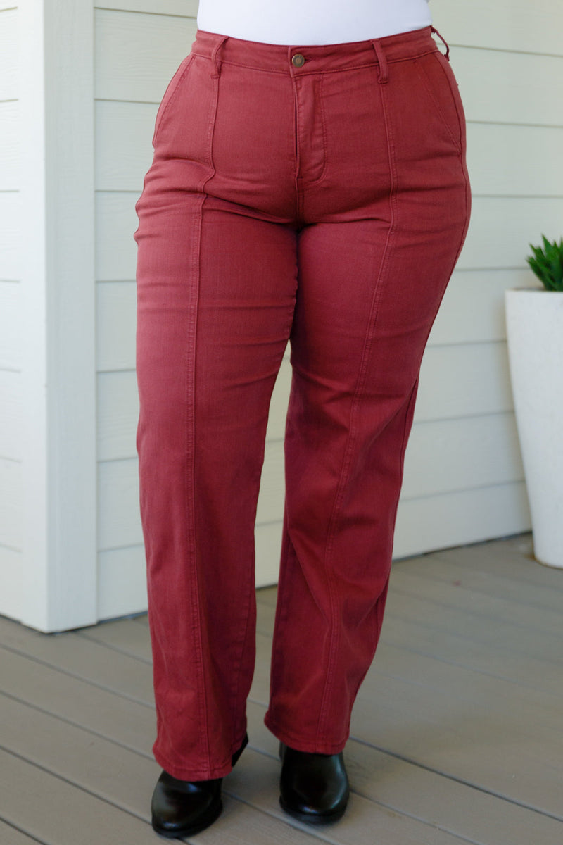 Hazel Blues® |  Phoebe High Rise Front Seam Straight Jeans in Burgundy