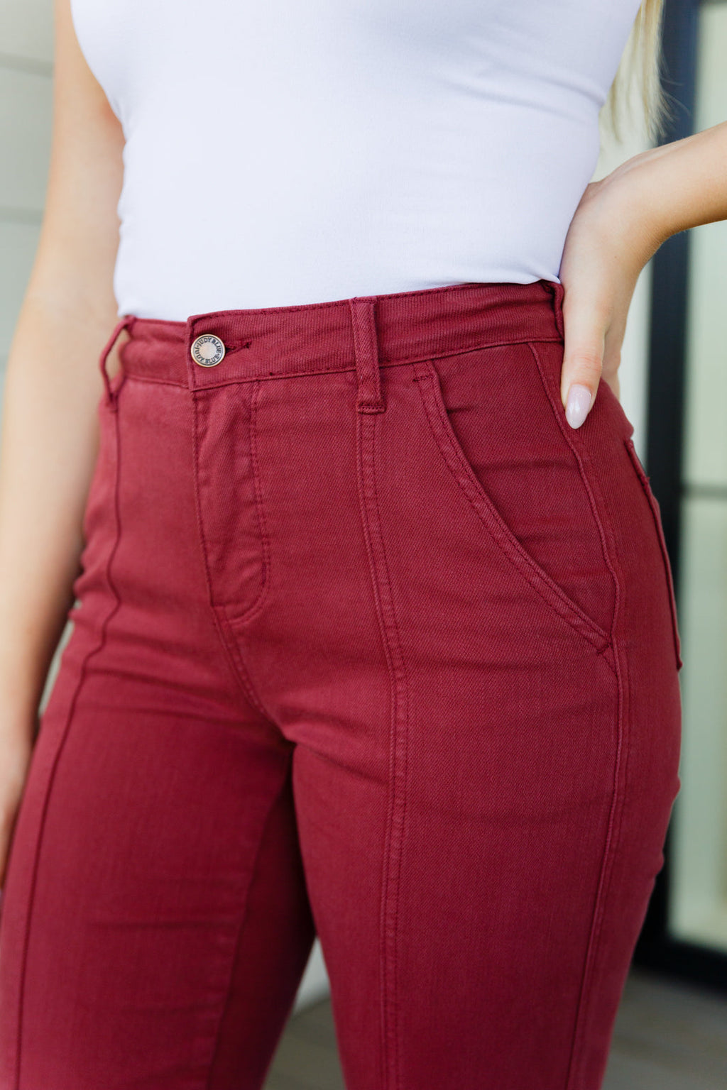 Hazel Blues® |  Phoebe High Rise Front Seam Straight Jeans in Burgundy