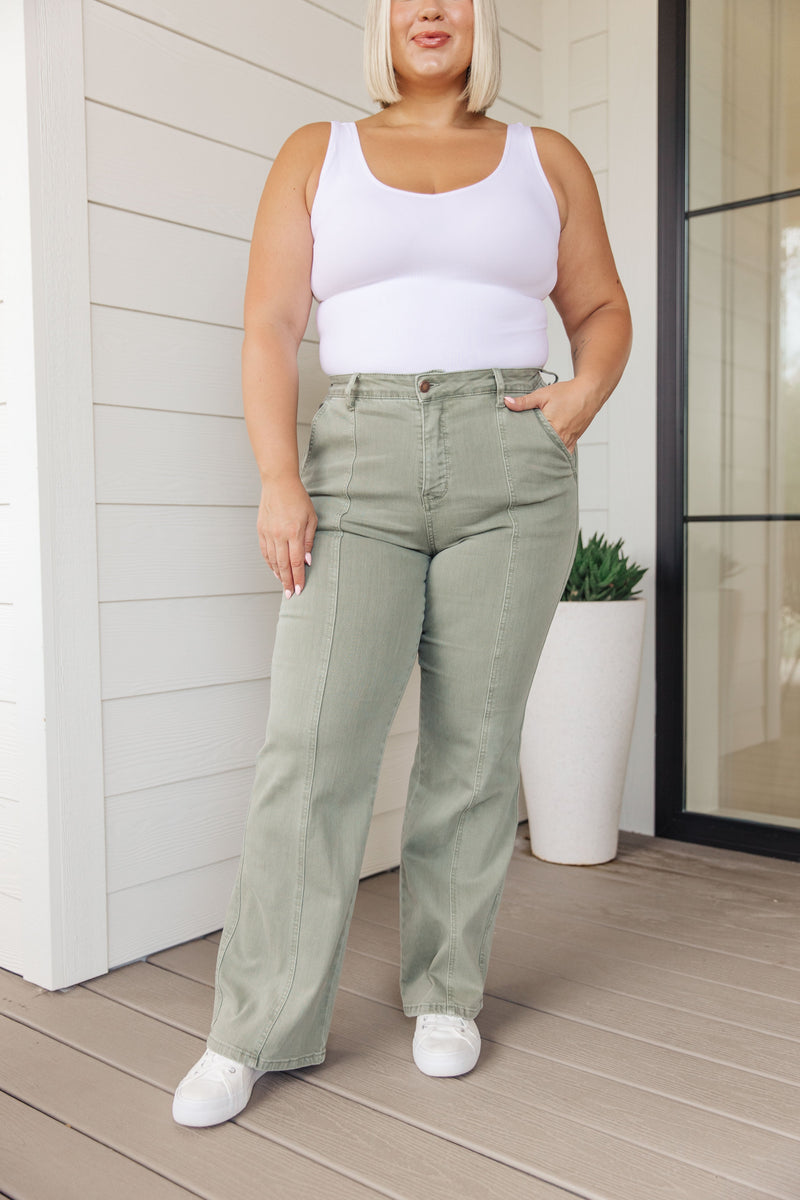 Hazel Blues® |  Phoebe High Rise Front Seam Straight Jeans in Sage