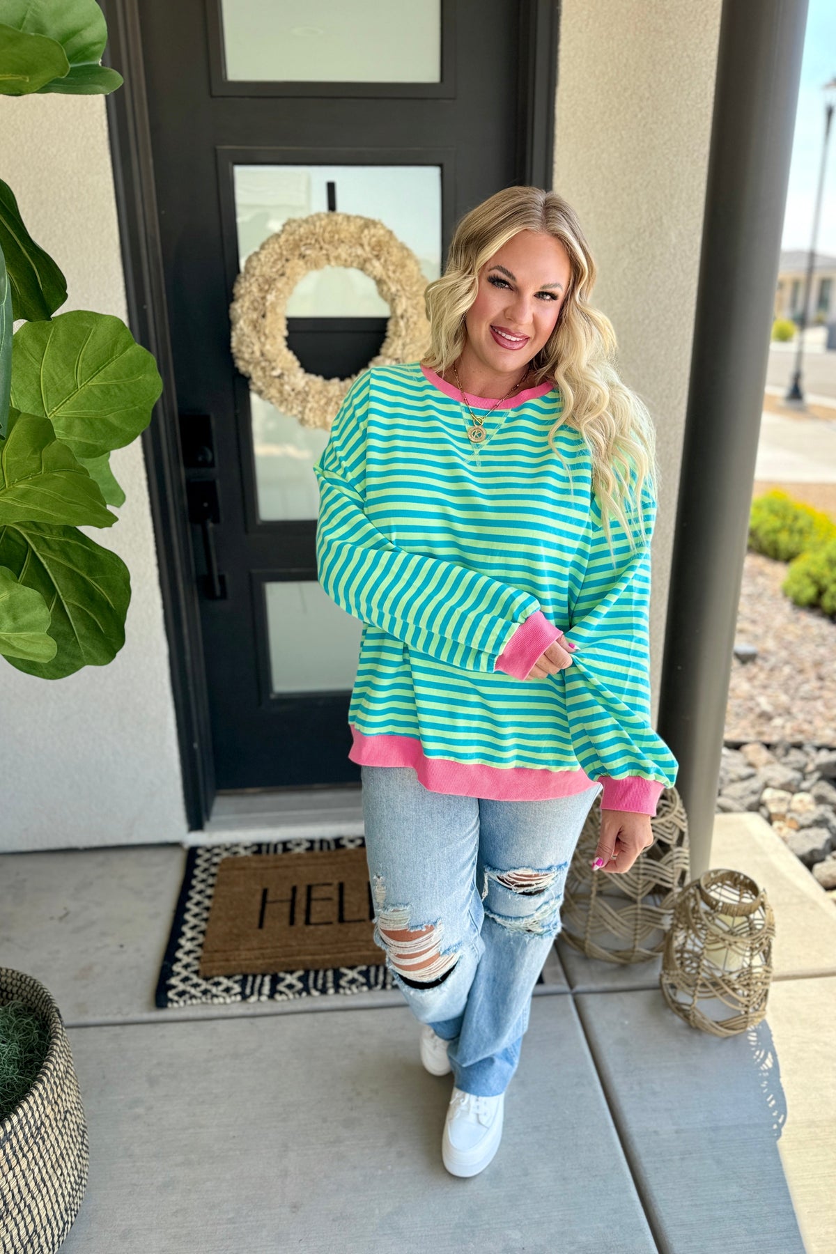 Hazel Blues® |  Best Selling Larson Contrast Pullover in Green/Blue