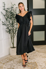 Hazel Blues® |  Pinstripe Romance V-Neck Ruffle Sleeve Dress in Black