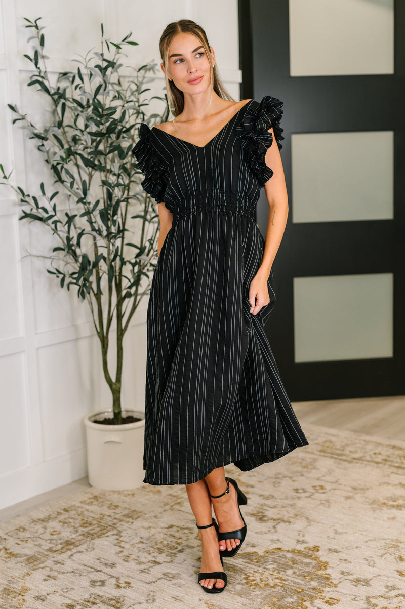 Hazel Blues® |  Pinstripe Romance V-Neck Ruffle Sleeve Dress in Black