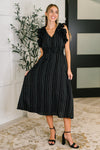 Hazel Blues® |  Pinstripe Romance V-Neck Ruffle Sleeve Dress in Black