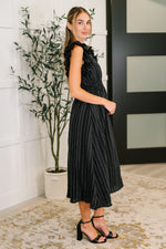 Hazel Blues® |  Pinstripe Romance V-Neck Ruffle Sleeve Dress in Black