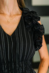 Hazel Blues® |  Pinstripe Romance V-Neck Ruffle Sleeve Dress in Black