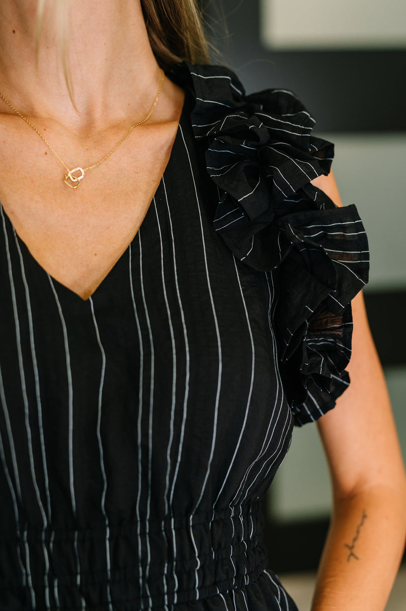 Hazel Blues® |  Pinstripe Romance V-Neck Ruffle Sleeve Dress in Black