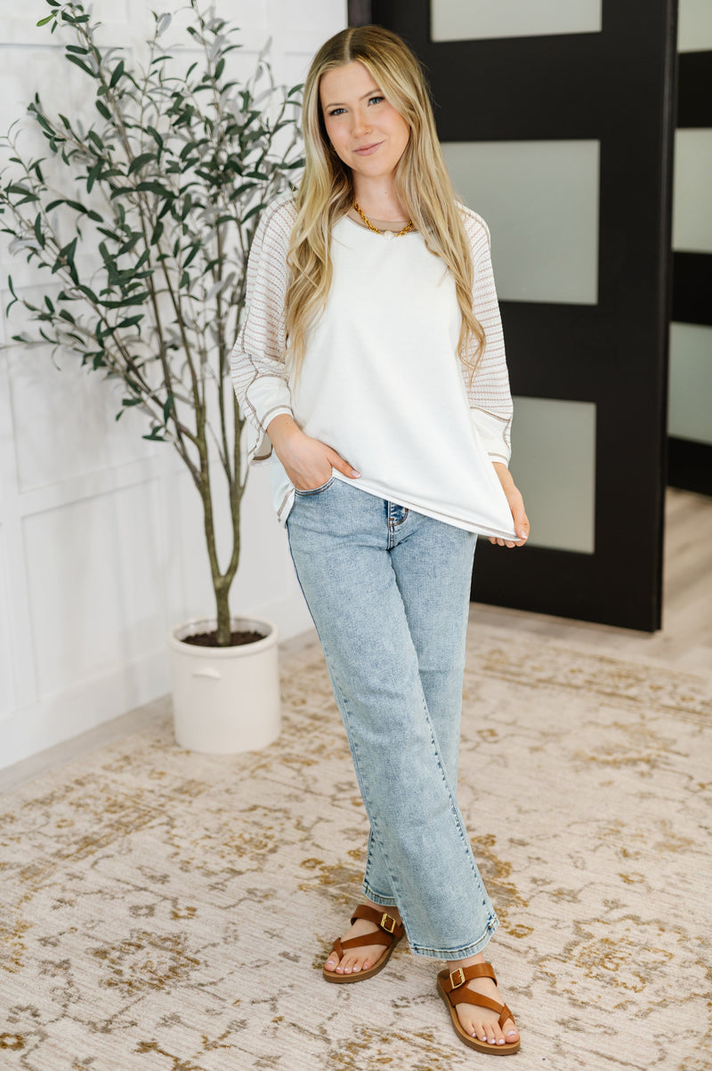 Hazel Blues® |  Preoccupied Striped Sleeve Top in Tan