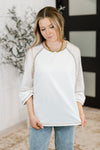 Hazel Blues® |  Preoccupied Striped Sleeve Top in Tan