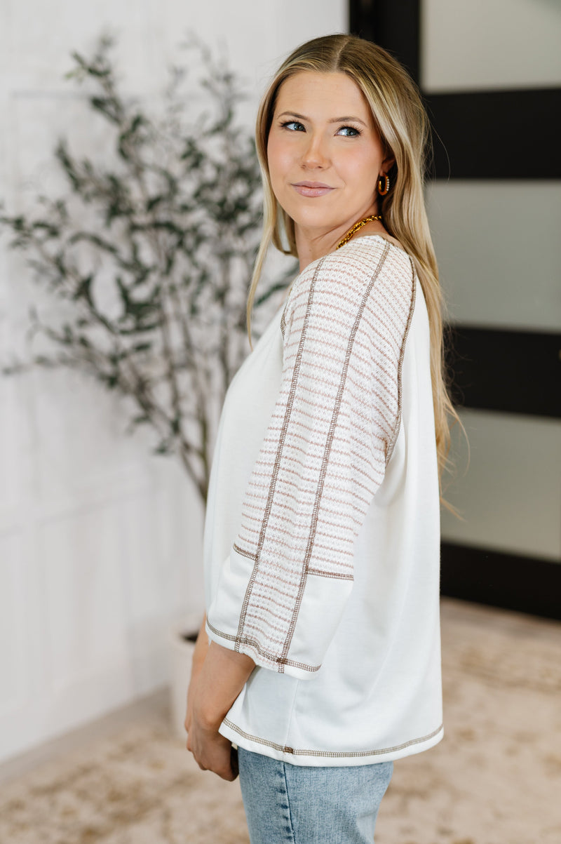 Hazel Blues® |  Preoccupied Striped Sleeve Top in Tan
