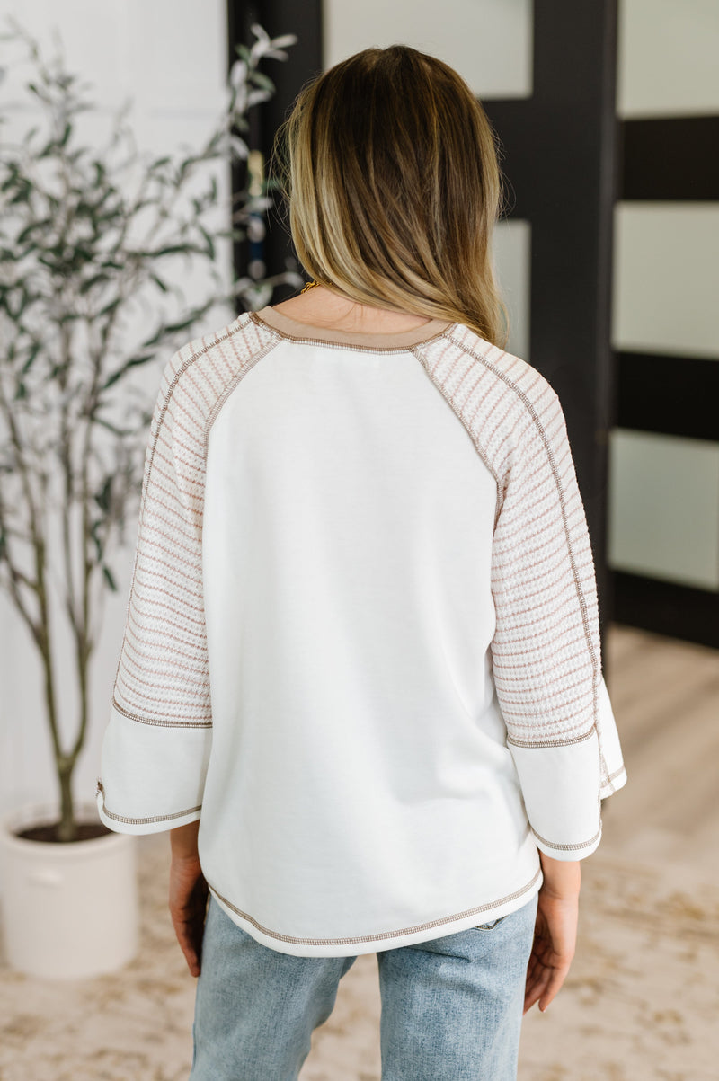Hazel Blues® |  Preoccupied Striped Sleeve Top in Tan