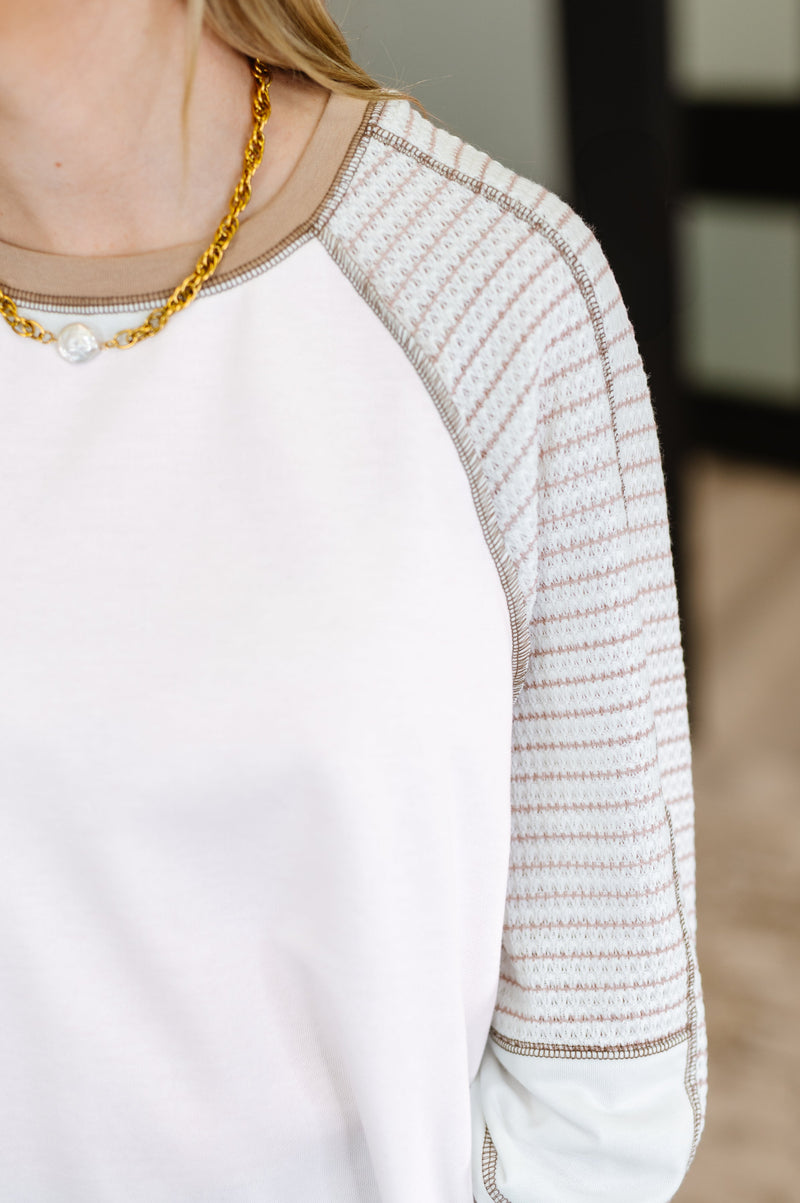 Hazel Blues® |  Preoccupied Striped Sleeve Top in Tan