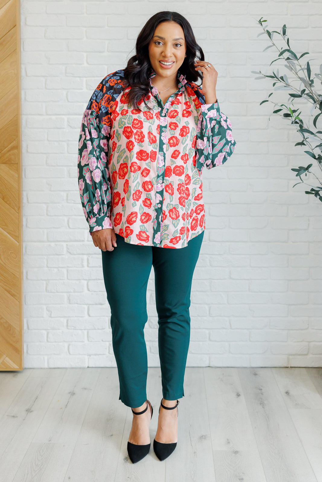 Hazel Blues® |  Presupposed Ideas Mixed Print Button Up Blouse