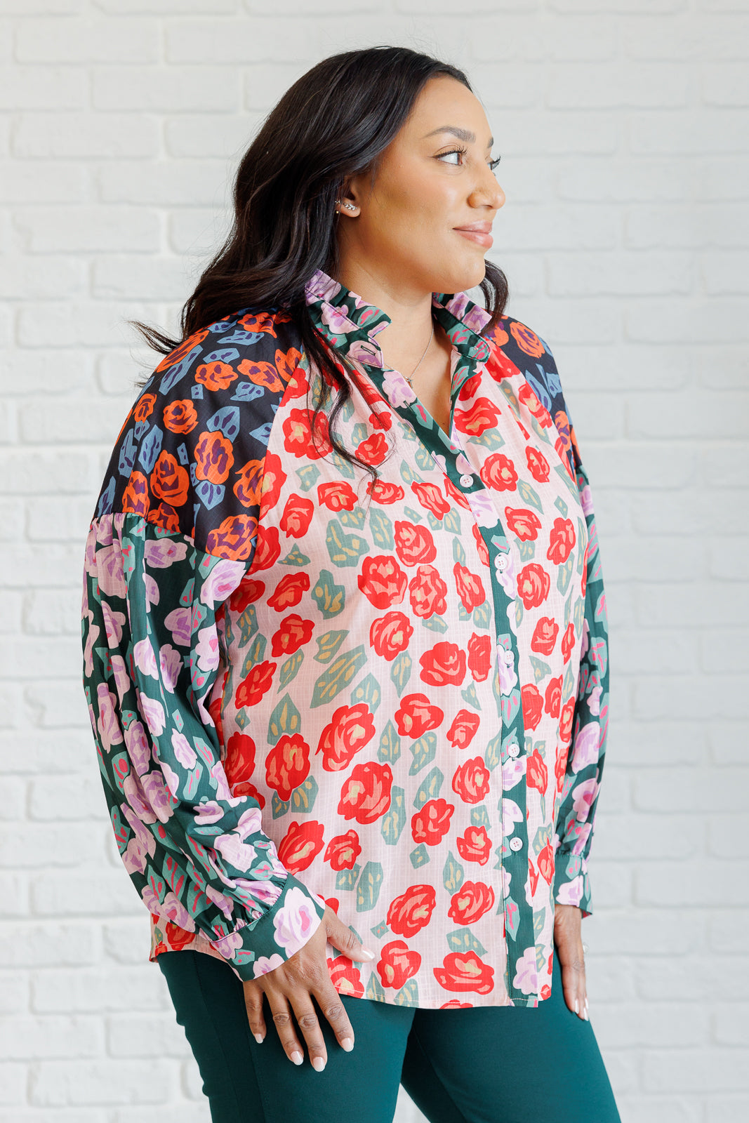 Hazel Blues® |  Presupposed Ideas Mixed Print Button Up Blouse