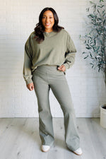 Hazel Blues® |  Building Habits Twill Flared Crossover Waist Pant in Dusty Olive