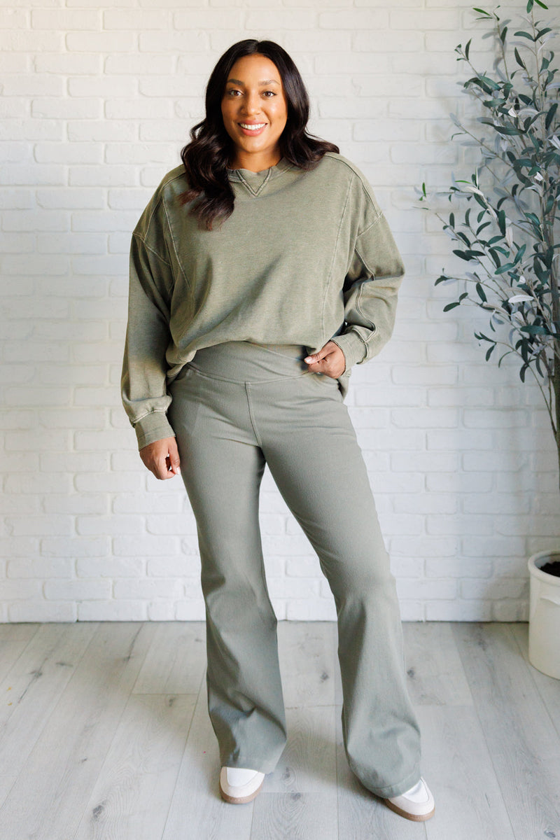 Hazel Blues® |  Building Habits Twill Flared Crossover Waist Pant in Dusty Olive